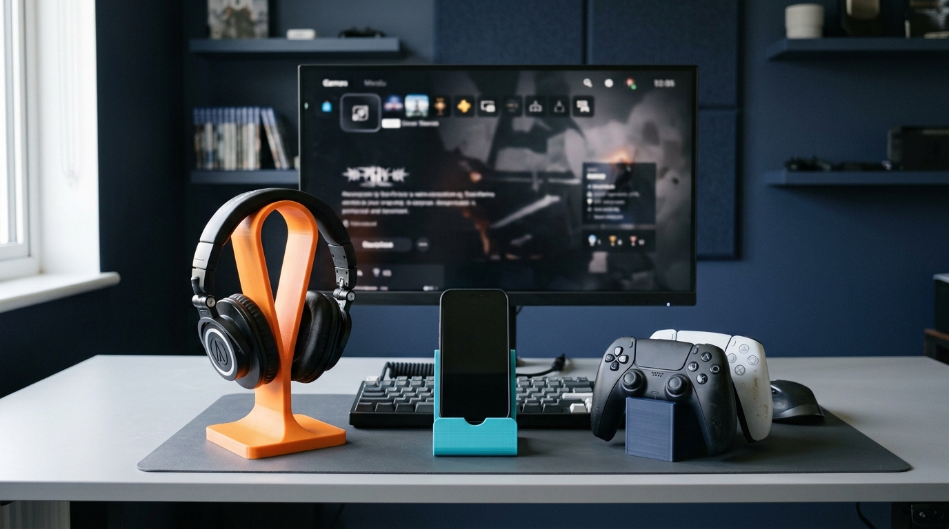 Accesorios de impresión 3D organizados en un setup